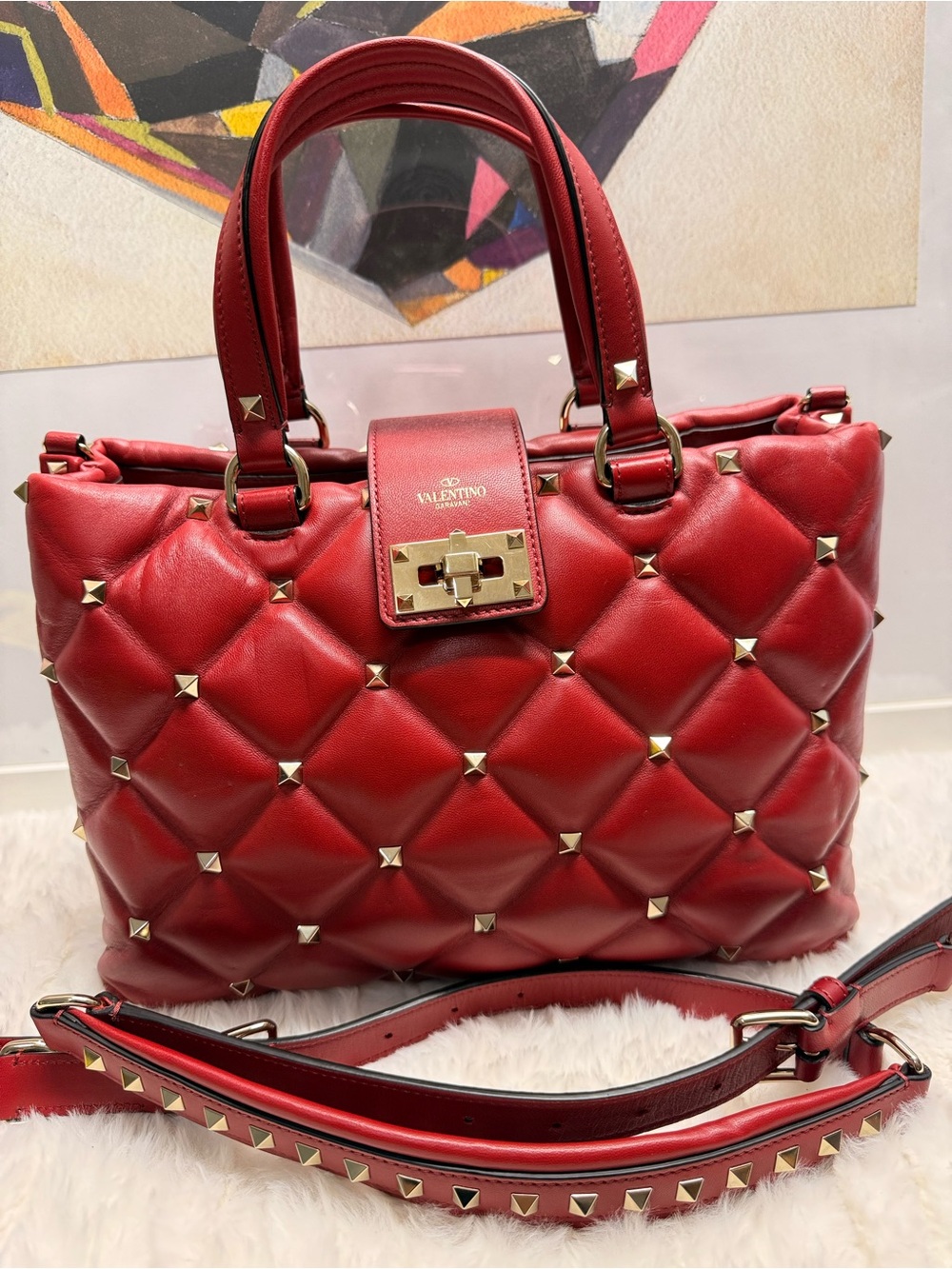 VALENTINO-Rockmance Rosso Valentino Studded Top Handle Bag with Long Strap